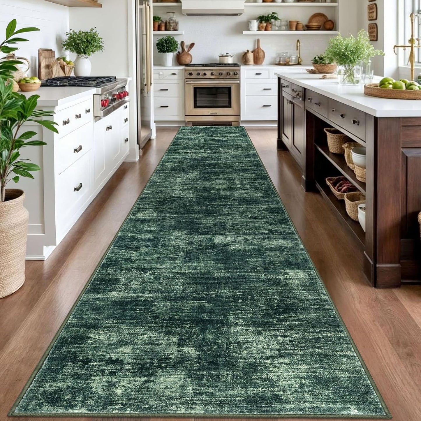 IOHOUZE Abstract Runner Rug 3x16 Ft Washable Runners for Hallways, Non Slip Kitchen Runner Printed Faux Wool Entryway Runner Indoor, Modern Abstract Floor Carpet for Hall Stair, Dark Green