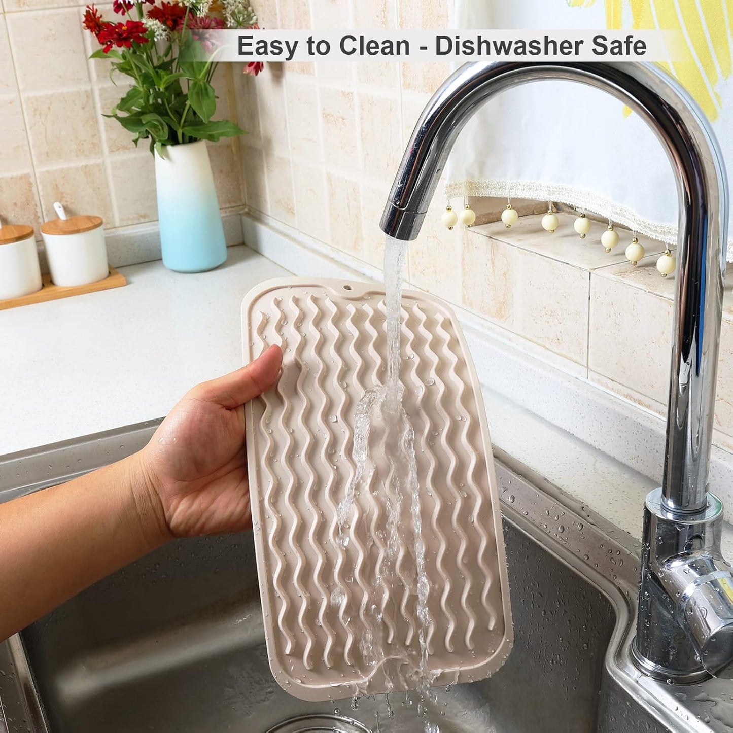 ZLR Silicone Dish Drying Mat for Kitchen Counter, Eco-Friendly Fast Dry Dish Mat, Easy Clean Multi Usage Drying Matt, Heat Resistant Trivet, 6" x 12" Extra Small, Cassava White