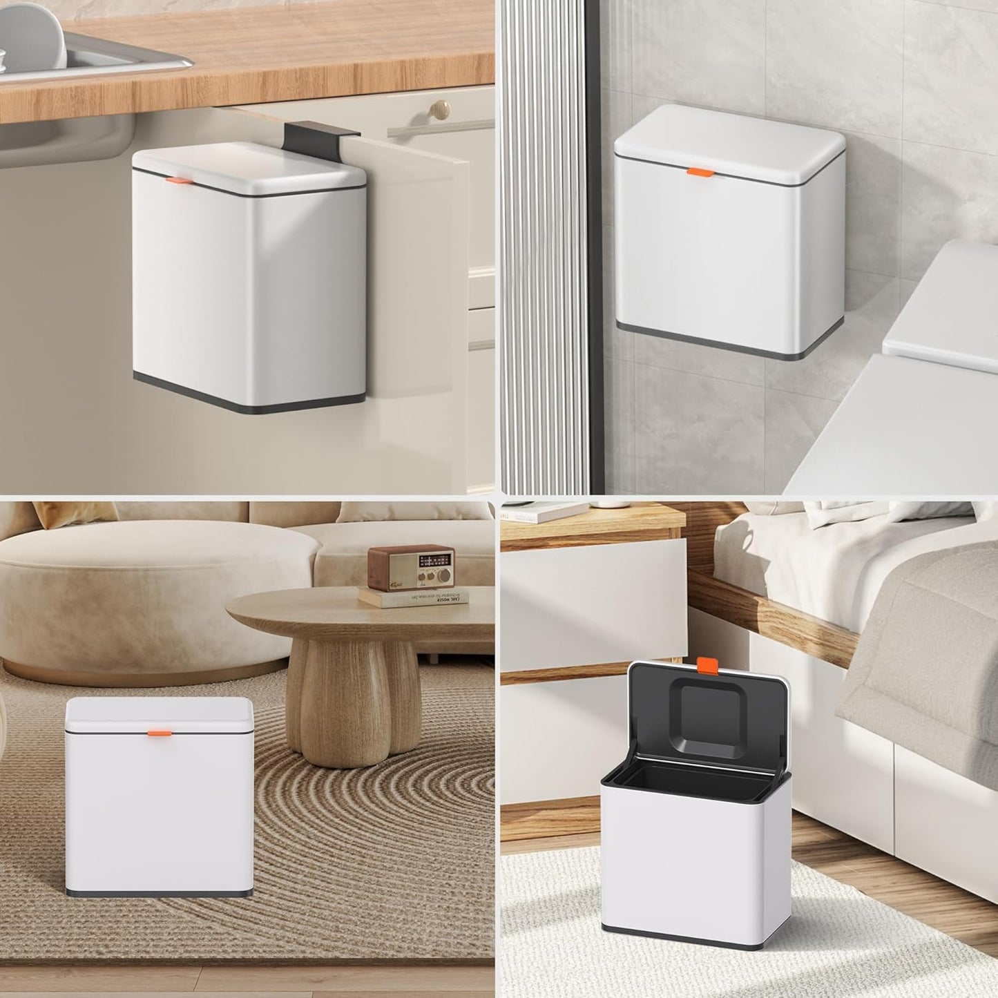 Mbillion Kitchen Compost Bin Hanging Trash Can with Lid 1.05 Gallon Stainless Steel Garbage Can for Kitchen Cabinet Door Mounted Trash Can Under Sink Door RV Bathroom,White