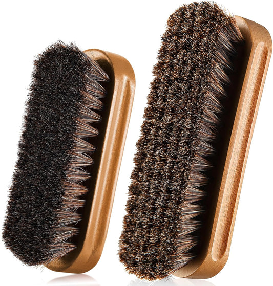 2 Pcs Horsehair Shine Shoes Brush Kit Polish Dauber Applicators Cleaning Leather Shoes Boots Care Brushes Suede Cleaner Brush(Wooden Concaved Brush)