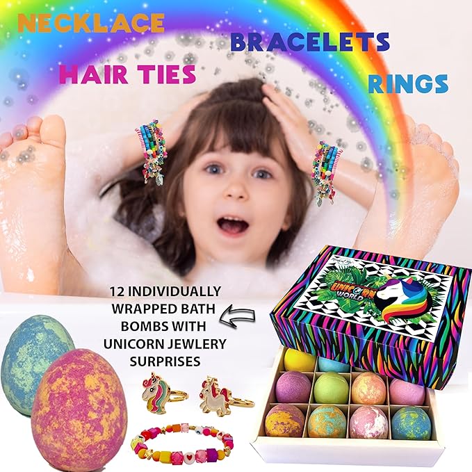 Mineral Me California Unicorn Bath Bombs for Girls with Jewelry Inside - Organic Bath Bombs for Kids with Surprise, Natural, Skin Moisturizing BathBombs, Rainbow Bubble Bath. Birthday Gifts - 12 pk
