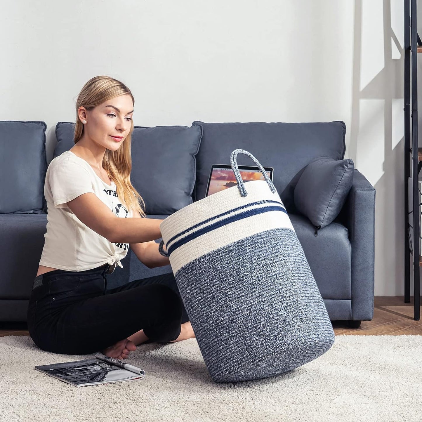 YOUDENOVA Woven Rope Laundry Hamper Basket, 72L Tall Laundry Basket, Baby Nursery Hamper for Blanket Storage in Bedroom-Large-Blue