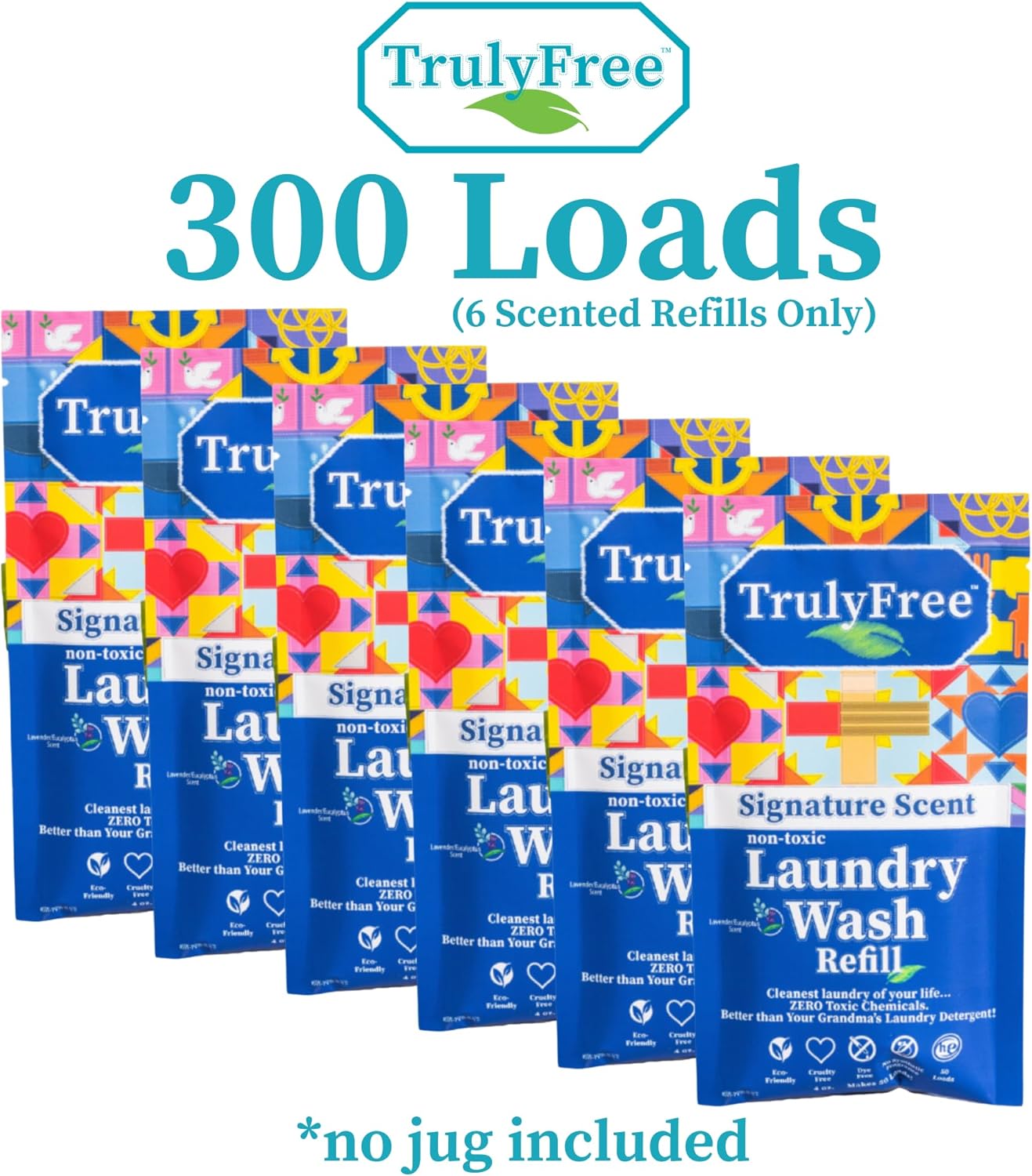 Truly Free Natural Laundry Detergent for Sensitive Skin | Eco Friendly, Plant Based, Baby Clothes Safe | Clean & Easy Powder to Liquid, 6 Pack Refill Detergent, NO Jug | Signature Scent, 300 Loads