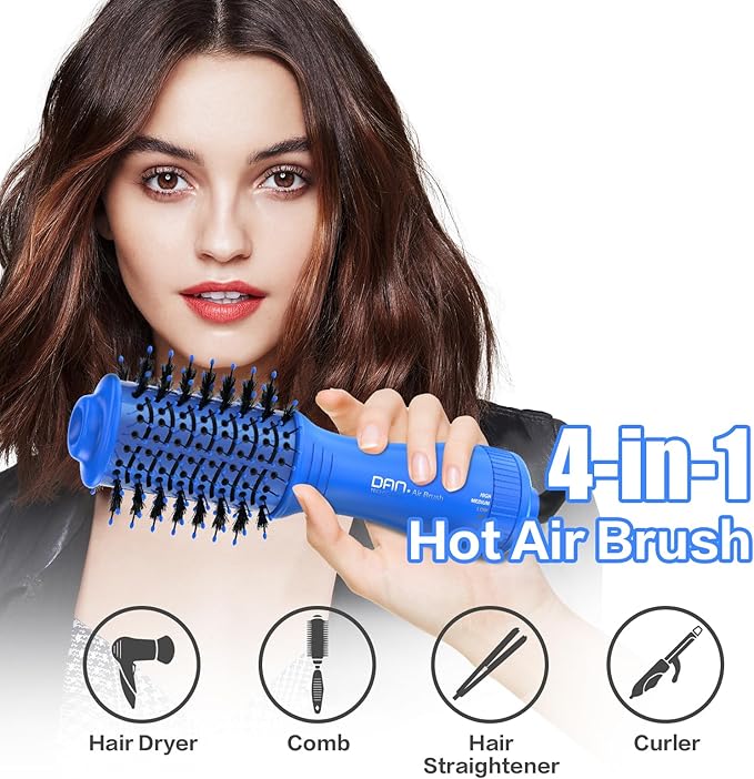 Dan Technology Blow Dryer Brush Hair Dryer Brush Hot Air Blowout Brush 120V 3 Speeds Oval Shape Volumizer Straightener Brush Faster Drying Mini Size Lightweight (Blue)