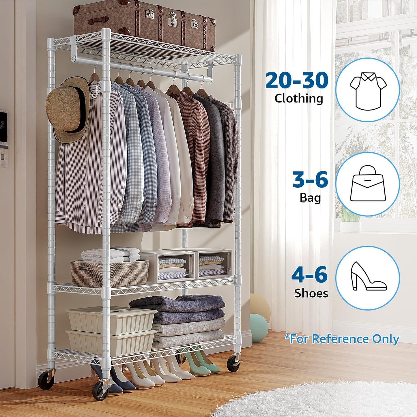 Heavy Duty Rolling Garment Rack 3 Tiers Adjustable Wire Shelving Clothes Rack with Rods and Side Hooks,Storage Closet Clothing Rack with Wheels White 15.7" D x 29.5" W x 74.5" H