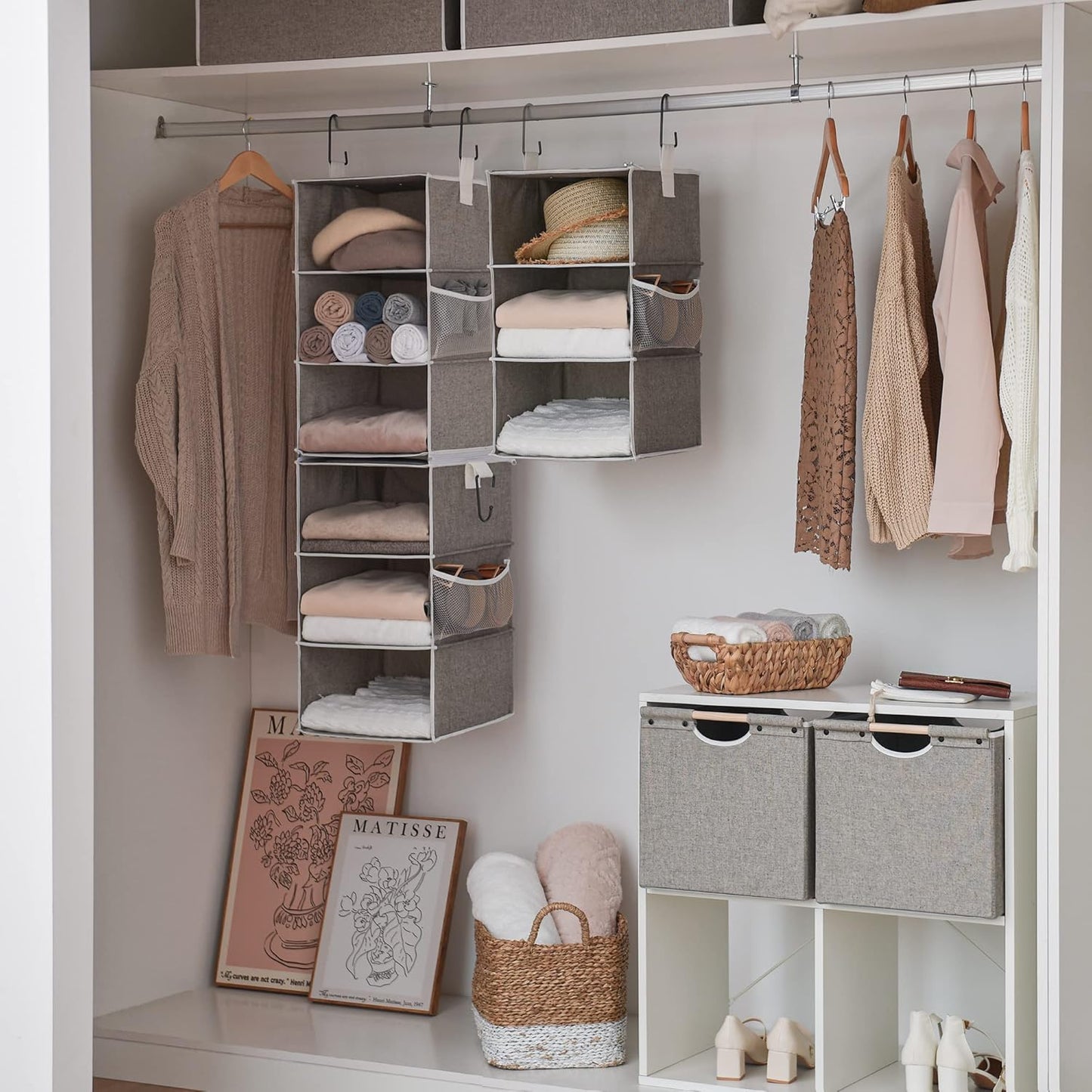 StorageWorks 6-Shelf Closet Organizers, Two 3-Shelf Separable Hanging Shelves for Closet, 12" D x 12" W x 48 ¼"H， Canvas, Gray
