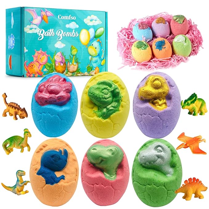 Bath Bombs for Kids - XL Dino Eggs Bath Bomb with Surprise Toys Inside, Kids Bath Bomb Gift Set, Natural Bubble Bath, Dinosaur Bathbombs Birthday Gift for Boys Girls