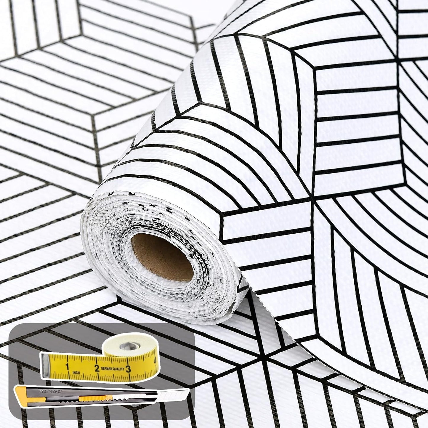 Shelf Liners for Kitchen Cabinets Non Adhesive Shelf Liner Paper Non-Slip Thickened Drawer Liner Easy to Clean for Tool Box Refrigerator with Knife and Tape Measure, Black Geometric, 17.3 x 354.3 in