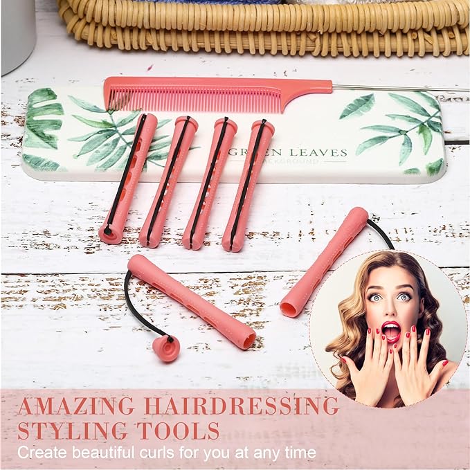 24 Pieces Hair Perm Rods Plastic Cold Wave Perming Curlers Hair Rollers with Steel Pintail Comb Rat Tail Comb Tools for Hairdressing Styling(Pink,0.51 Inches)