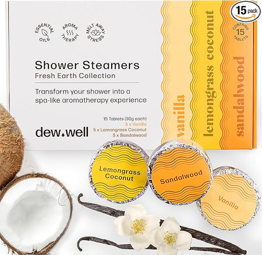 Dew Well - Shower Steamers Fresh Earth Collection - 15 Count Shower Bombs - Aromatherapy in Your Home - Helps Clear Congestion and Boost Mood - (Vanilla, Lemongrass Coconut, Sandalwood)