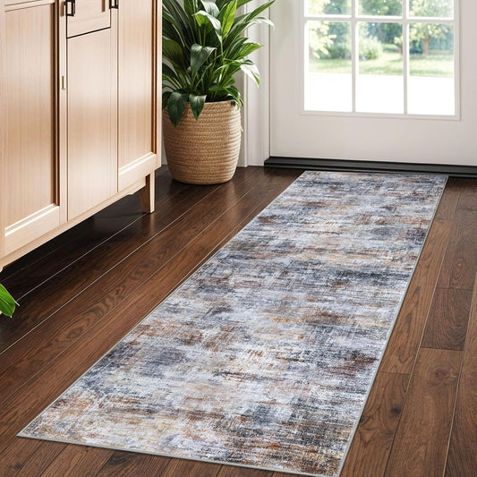 IOHOUZE Abstract Runner Rug 2x5 Ft Washable Runners for Hallways, Non Slip Kitchen Runner Soft Printed Faux Wool Entryway Runner Indoor, Modern Abstract Floor Carpet for Hall Bedroom, Orange Grey