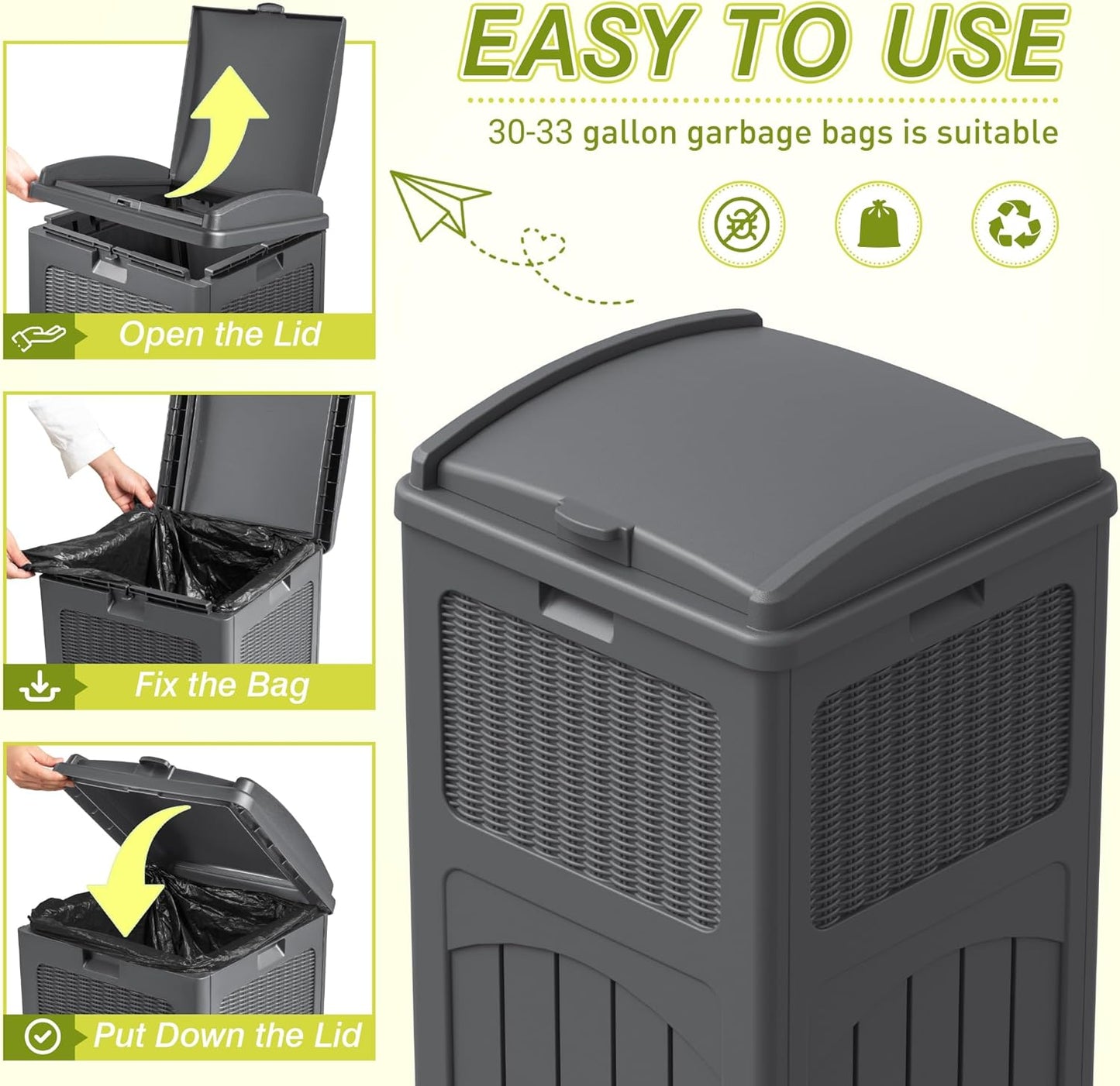 Greesum 33 Gallon Outdoor Trash Can with Lid, Waterproof Resin Garbage Bin for Hideaway, Deck, Patio, Gray