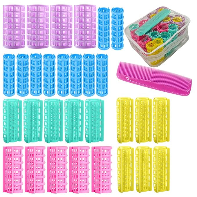 30Pcs Plastic Hair Curlers Set, Snap on Rollers Self Grip Heatless Rollers Hairdressing Curlers No Heat Curlers for Long Medium Short Thin Fine Hair with Mini Comb (5 Sizes) ﻿