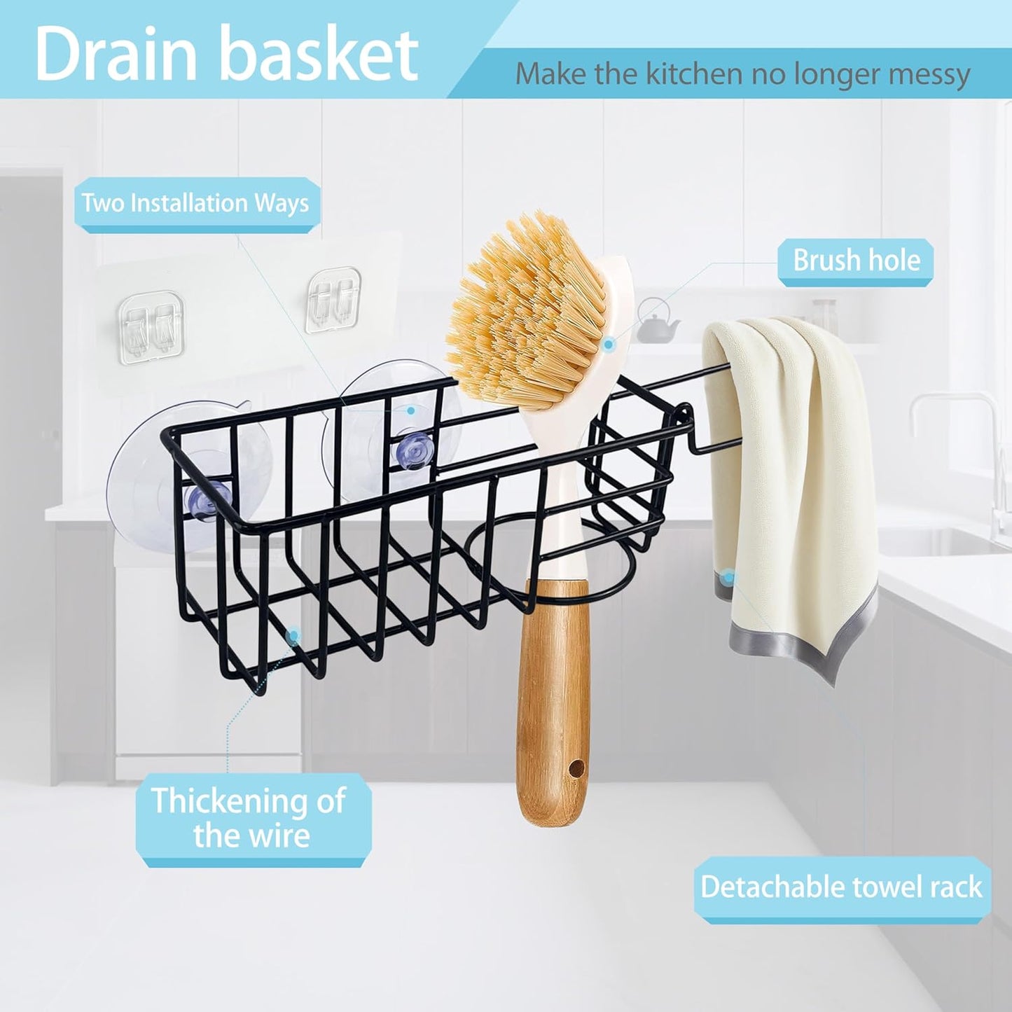 Sponge Holder with Dish Cloth Hanger for Kitchen Sink, In-sink Caddy Organizer with Suction Cups & Adhesive Strips, Rustproof Sponge Rack for Soap, Brush, Scrubber - Black