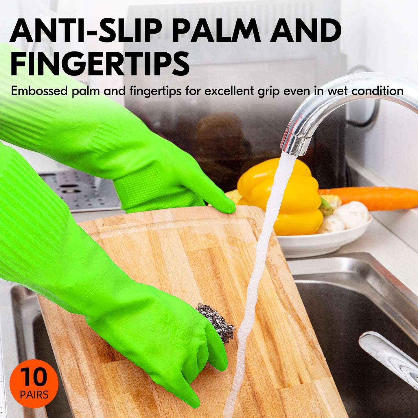 Vgo... 10-Pairs Dishwashing Gloves, Reusable Household Gloves, Kitchen Gloves, Long Sleeve, Thick Latex, Cleaning, Washing, Working, Painting, Gardening, Pet Care (Size M,Green, RB2143)
