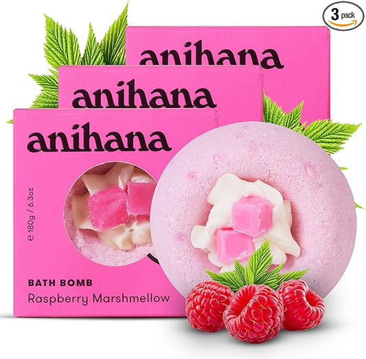 ANIHANA Bath Bombs with Coconut Oil, Paraben Free, Hand-Crafted Luxury Fizzers, Refreshing Raspberry Marshmellow Scent, 6.3 oz Each, 3 Pack