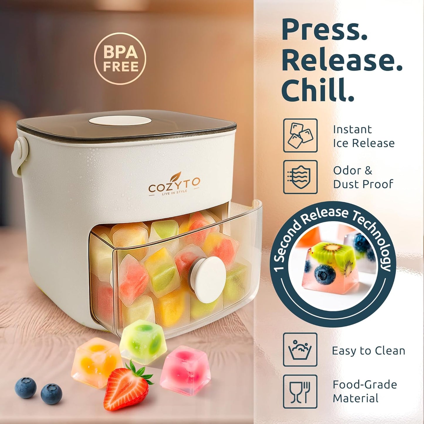 COZYTO CubeGo Ice Cube Tray with Lid and Storage Bin – One-Press Release, 48 Mini Ice Cubes, BPA-Free, Odor-Proof, Includes Scoop – DIY Fruit Ice for Cocktails, Drinks & Smoothies (Cream White)