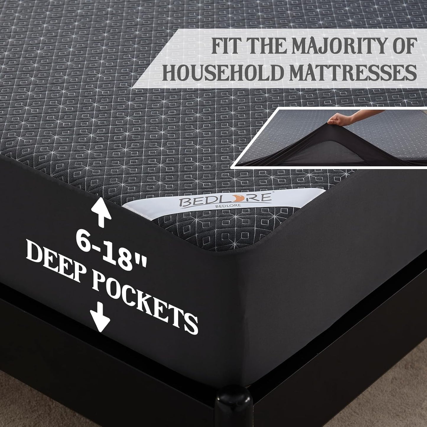 BEDLORE King Mattress Protector, Waterproof Noiseless Mattress Cover with Deep Pocket for 6-18 inches Mattress, Soft Breathable Mattress Pad Machine Washable (Dark Gray)
