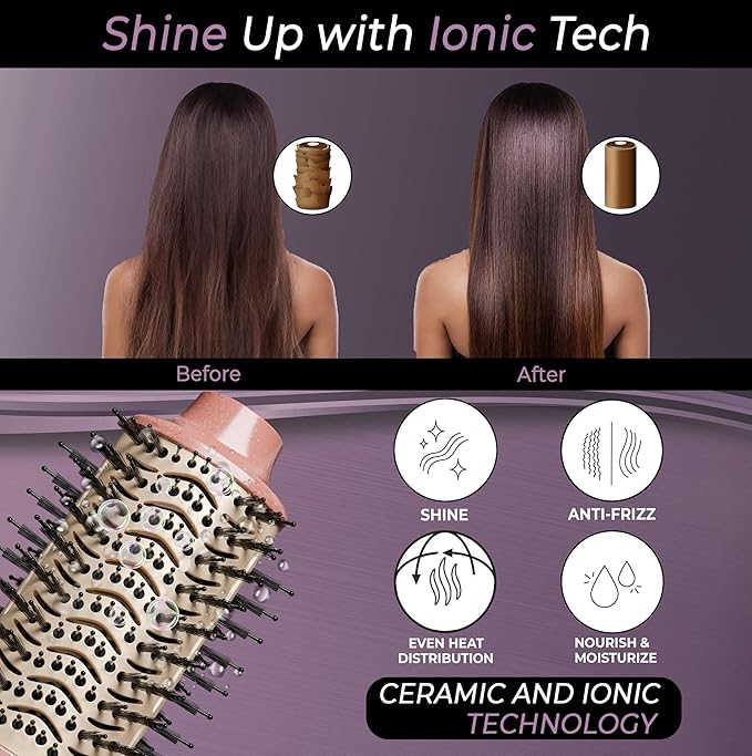 3” Large Barrel Ionic Hot Air Brush Hair Dryer – 75 mm One‑Step Volumizer Blowout Brush for Thick & Long Hair, 1100 W Plastic‑Tourmaline, Frizz Control, 3 Heat / 2 Speed, 13” Length
