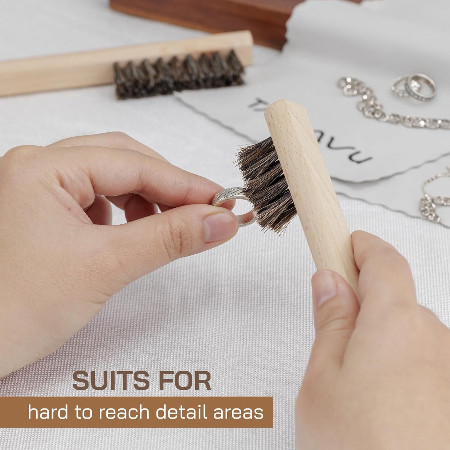 TAKAVU Horsehair Detail Brush Set, Silver Cleaning Brushes & Polish Cloth for Silverware Plateware Jewelry