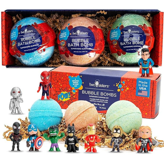 Superhero Bath Bombs for Kids with Surprise Toys Inside (3 Pack) - Large Bubble Bomb for Boys & Girls - Fizzies, Relaxing Aromas, Made in USA, Skin-Safe, Stain-Free by Two Sisters