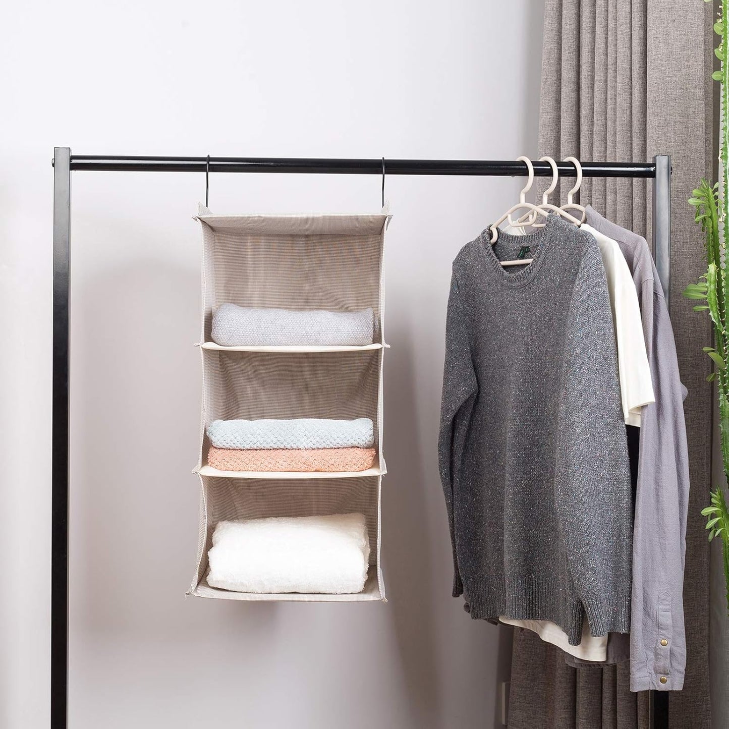 Hanging Closet Organizer, Easy Mount Foldable 3-Shelf Hanging Closet Wardrobe Storage Shelves, Clothes Handbag Shoes Accessories Storage, Imitation Linen Fabric, Beige Houndstooth