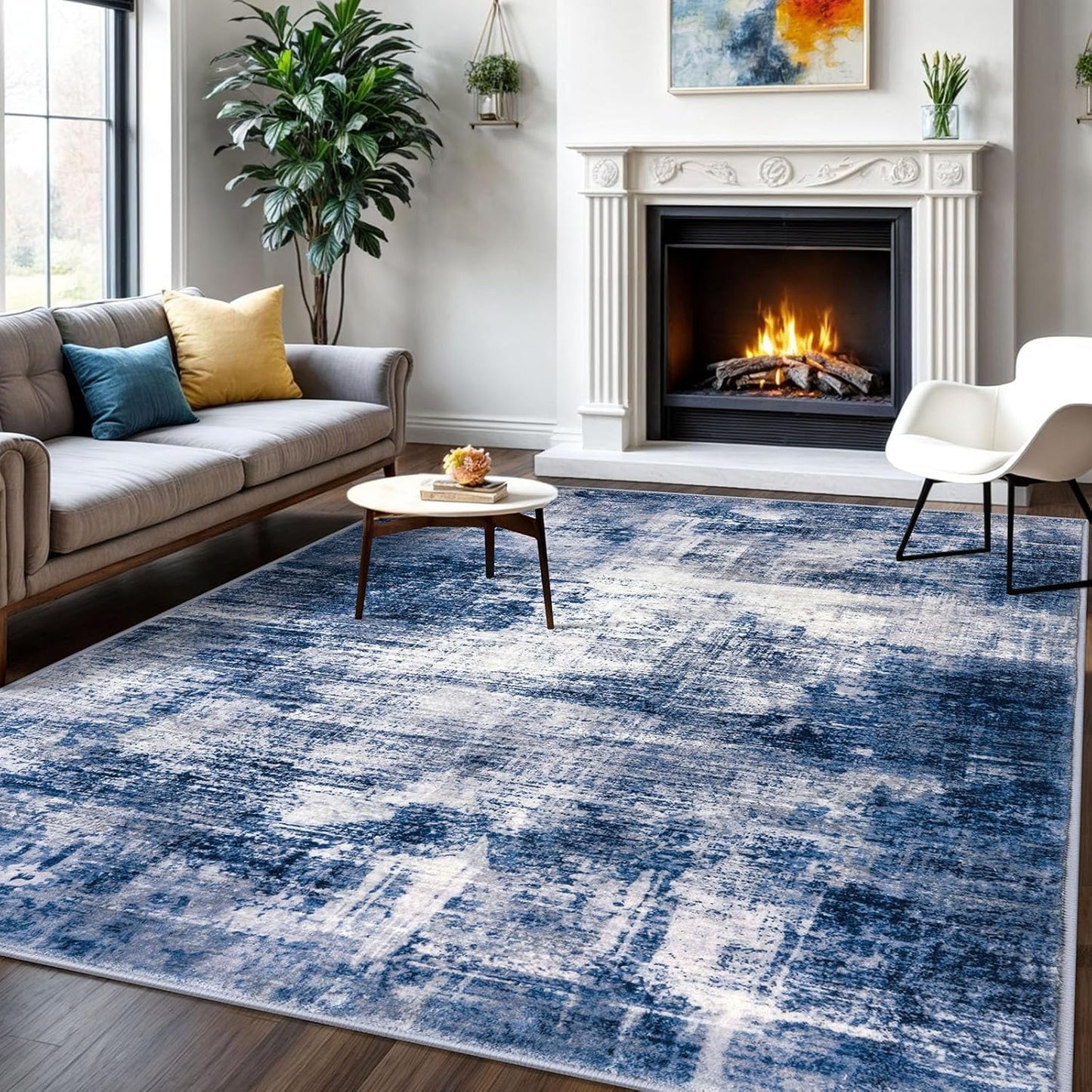IOHOUZE Abstract Area Rugs 6x9 Ft Washable Rugs for Living Room, Non Slip Dining Room Rug, Printed Faux Wool Rugs for Bedroom, Floor Carpet for Office Nursery Playroom, Navy/Grey