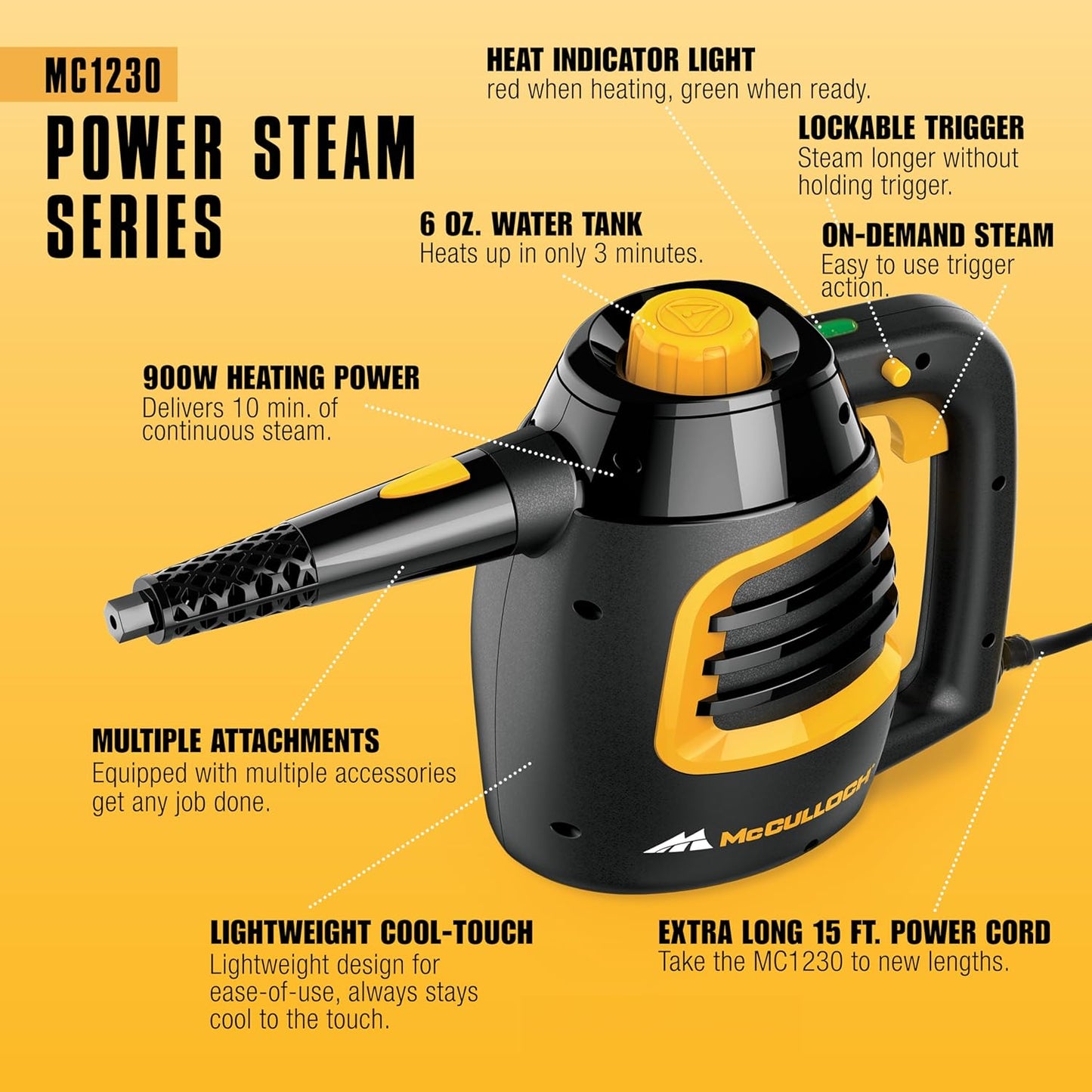 McCulloch MC1230 Handheld Steam Cleaner, 10 Minute Runtime, 11 Accessories: Jet Nozzle, Brushes, & More - Built for Home, Tile, Grout, Carpet, Furniture, & Personal Car Detailing