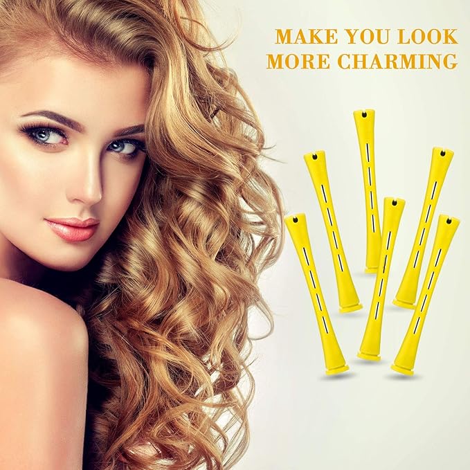 24 Pieces Hair Perm Rods Plastic Cold Wave Perming Curlers Hair Rollers with Steel Pintail Comb Rat Tail Comb Tools for Hairdressing Styling(Yellow,0.28 Inches)