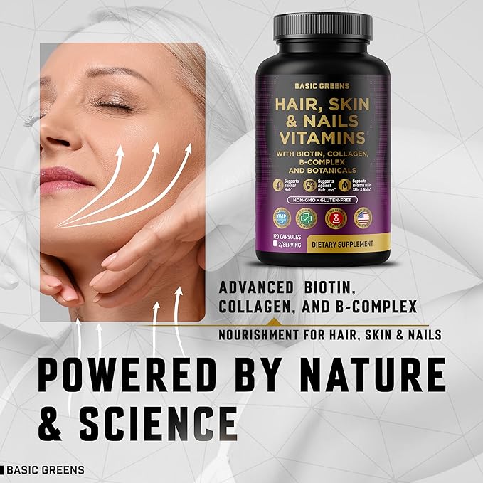 Hair, Skin & Nails Vitamins with Biotin 10000 mcg, Collagen, B-Complex & Botanicals – Supports Healthy Hair, Glowing Skin & Strong Nails – Non-GMO, Gluten-Free – Made in USA – 120 Capsules