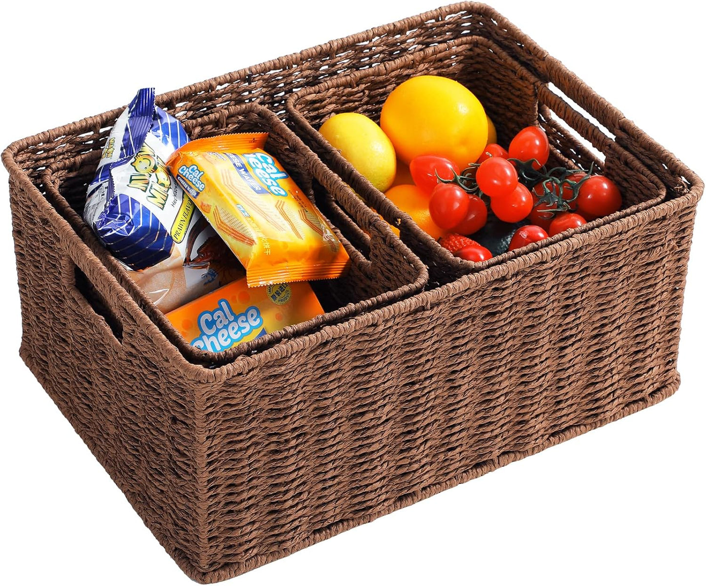 HOONEX Large Woven Baskets for Storage, Paper Rope Baskets with Sturdy Metal Wire Frame, Baskets for Shelves, Set of 3, Dark Brown