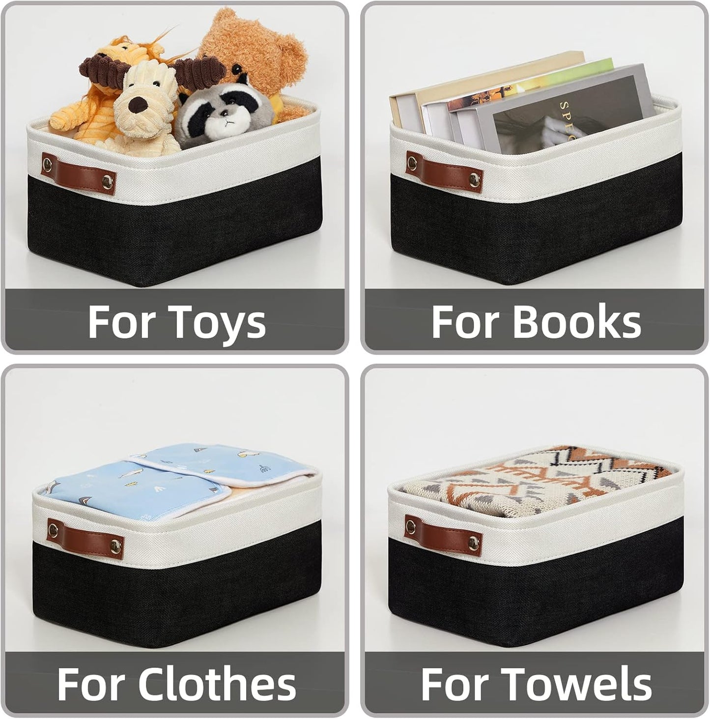 HNZIGE Small Storage Baskets (6 Pack) - Fabric Bins with Leather Handles, Foldable for Organizing (Black&White, 11.8" x 7.8" x 5.1")