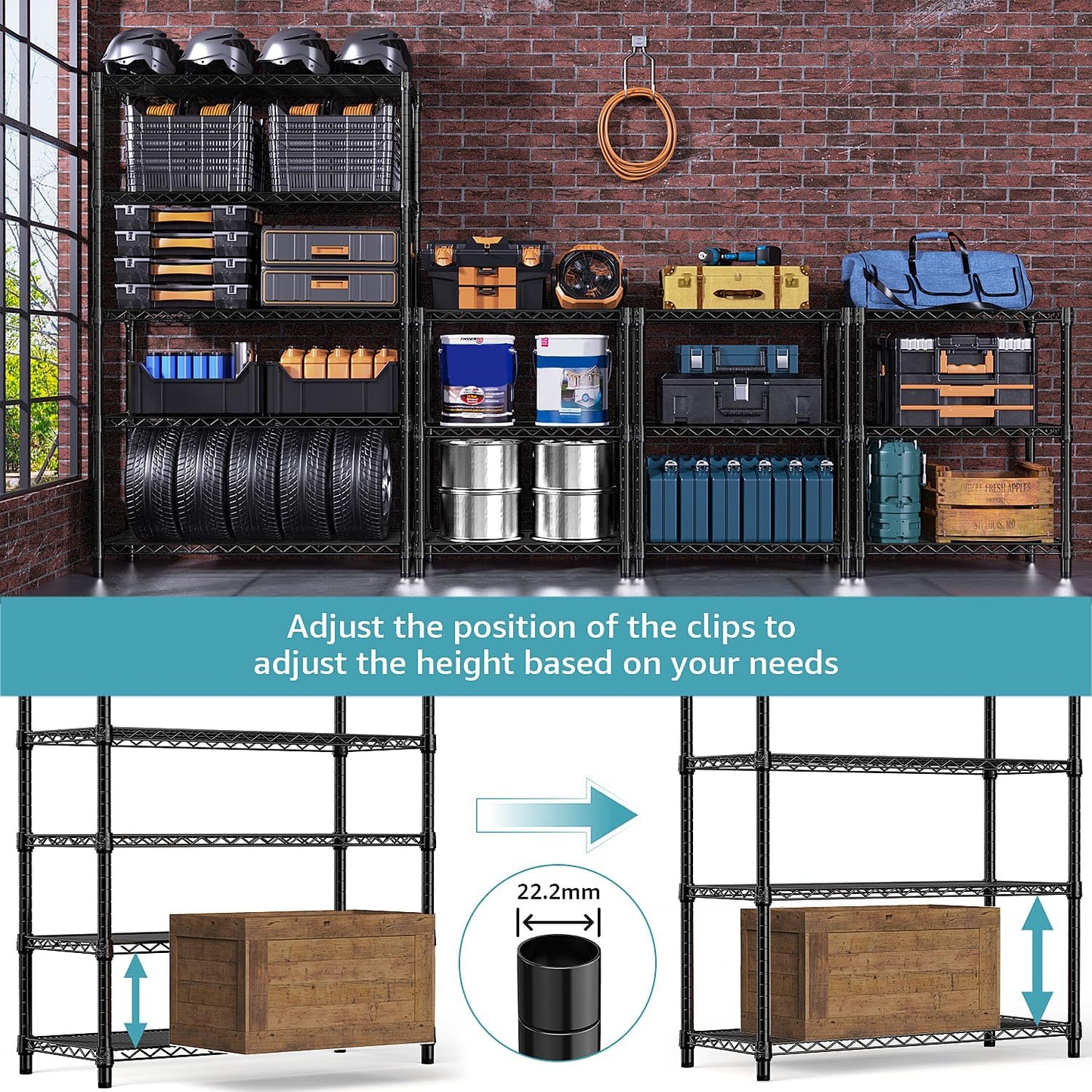5-Shelf Storage Shelves,Wire Shelving Heavy Duty Metal Storage Shelving Unit Adjustable Garage Shelving Rack Pantry Kitchen (Black, 5 Tier,17.7" D x 47.2" W x 76.7" H)
