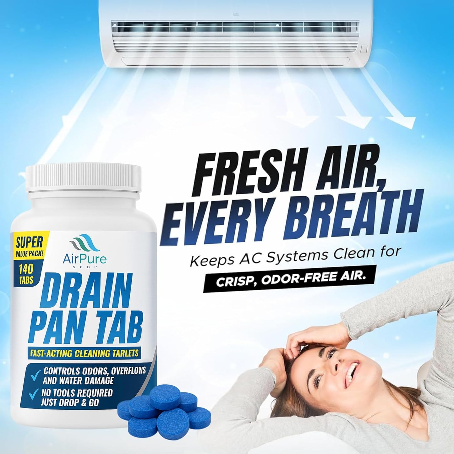 Air Pure Drain Pan Tabs - 140 Flow Treatment Tablets for HVAC & AC Condensate Pan Treatment | Prevents Overflow, Cleans Drain Lines, & Eliminates Odors