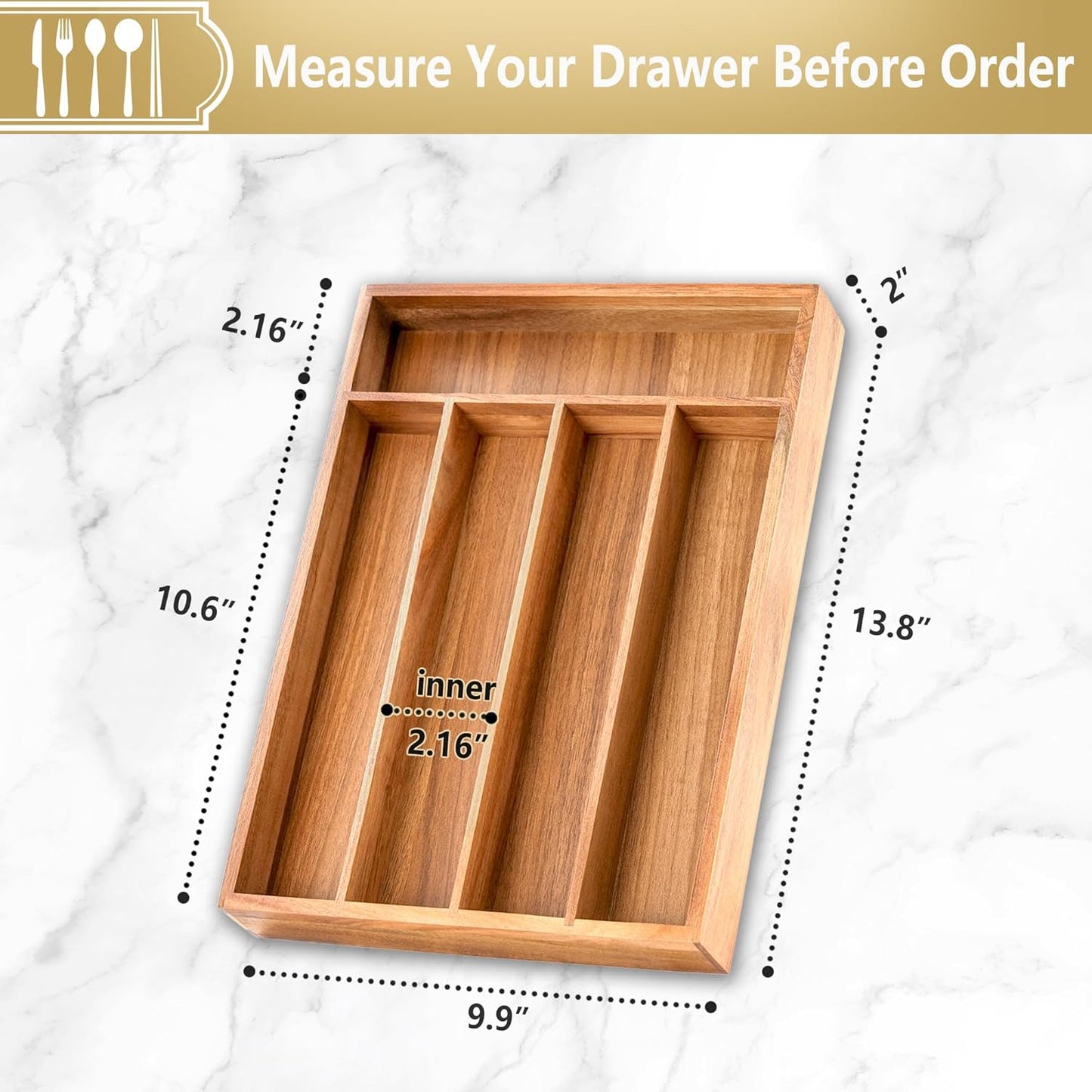 Silverware Organizer, 2 Pack 10 Inch Utensil Organizer Kitchen Drawer Organizer Acacia Silverware Holder Cutlery Tray Organizer in Drawer Flatware Organizer Tray(5 slots, Acacia）
