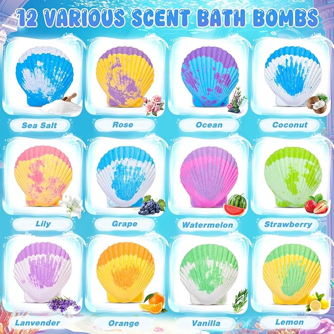 Ocean Bath Bombs for Kids with Toys Inside, 12 Pack Kids Shell Bath Bombs with Surprise Sea Animal Toys for Boys Girls Handmade Bubble Bath Fizzies Birthday Christmas Gift Set