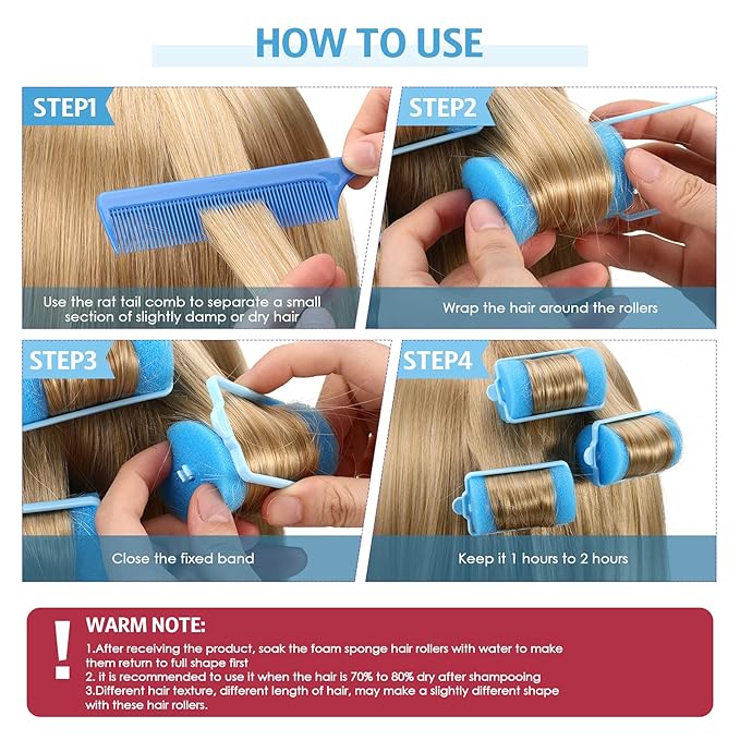 Syhood 12 Pcs Jumbo Foam Sponge Hair Rollers 1.89 Inch Soft Sleeping Curlers Flexible Large Foam Rollers and Rat Tail Comb for Hair Styling(Blue)