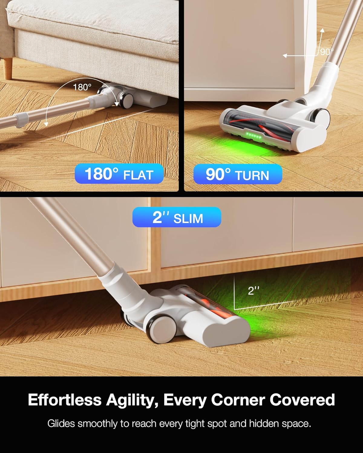 Cordless Stick Vacuum Cleaner for Home, Lightweight Rechargeable Vacuum with 55min Runtime, Powerful Suction, Green LED Headlight, 9-in-1 Pet Hair Carpet & Hardwood Floor Cleaner