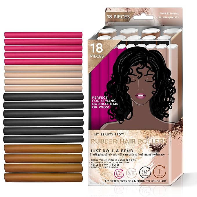 My Beauty Spot Flexi Rods Foam Hair Rollers -1/2" 5/8" 3/4" 1" Diameter- Professional Salon Quality 18 Pcs Rubber Hair Rollers for Long, Medium, and Short Hair, Hair Curlers to Sleep in for Women