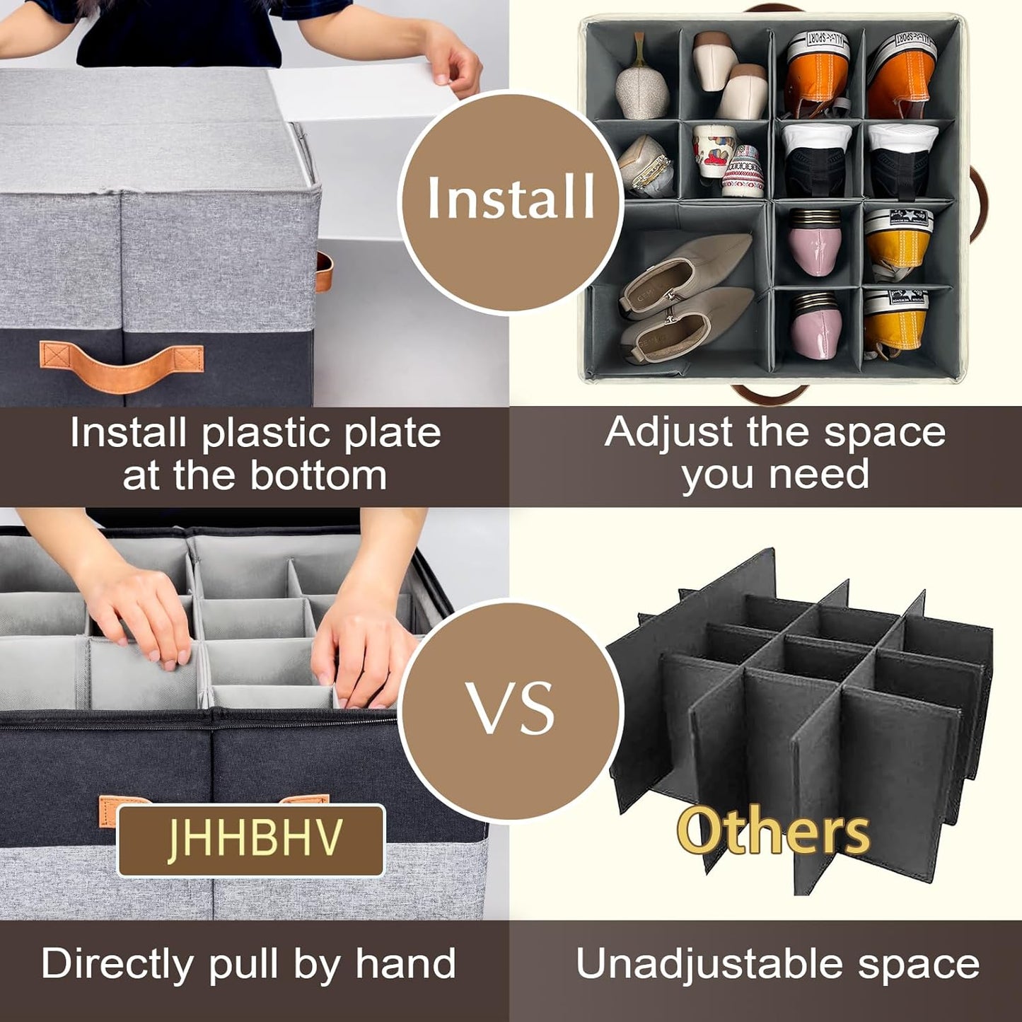 2 Pack Shoe Organizer for Closet, Adjustable Shoe Box Storage Containers, Large Foldable Shoe Bins with Clear Cover, Space Saving Shoes Holder with 4 Handles, Fits 16-32 Pairs, Black