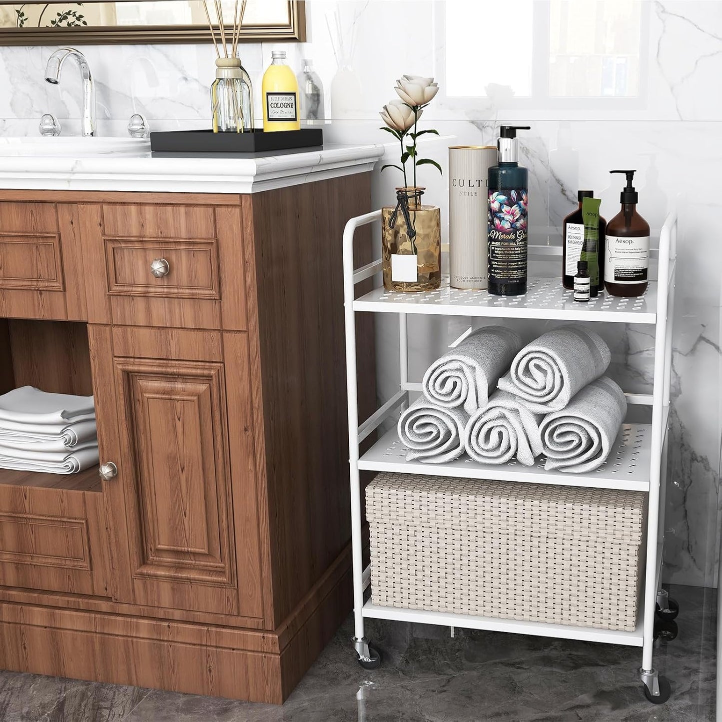 HDANI 3 Tier Rolling Cart,Heavy Duty Multifunctional Metal Frame-Supports 22 Lbs Per Tier,Rolling Cart with 2 Lockable Wheels for Office,Home,Bedroom,Kitchen,Bathroom (White)…