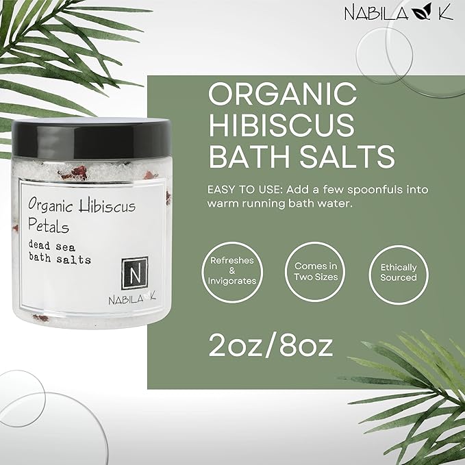 Organic Hibiscus Petals Bath Salts by Nabila K - Dead Sea Salt & Epsom Salt Scrub & Soak - Exfoliates & Hydrates Skin, Botanical Essential Oils - Bubble Bath Accessories for All Skins Types, 2 oz