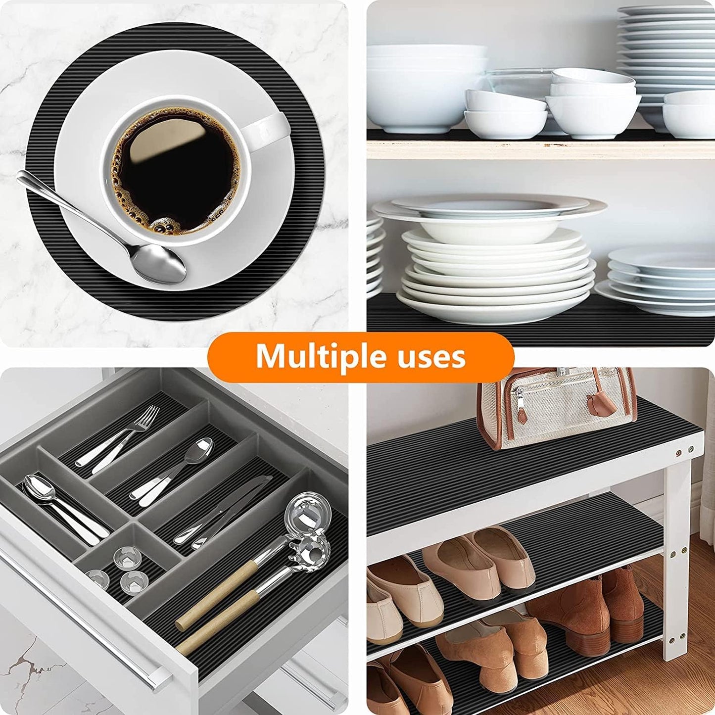 Shelf Liners for Kitchen Cabinets Non Adhesive Drawer Liner EVA Material Cupboard Mat Refrigerator Mats Washable Fridge Liner for Cabinet, Storage and Desks 23.6 x 393.7 Inches Black