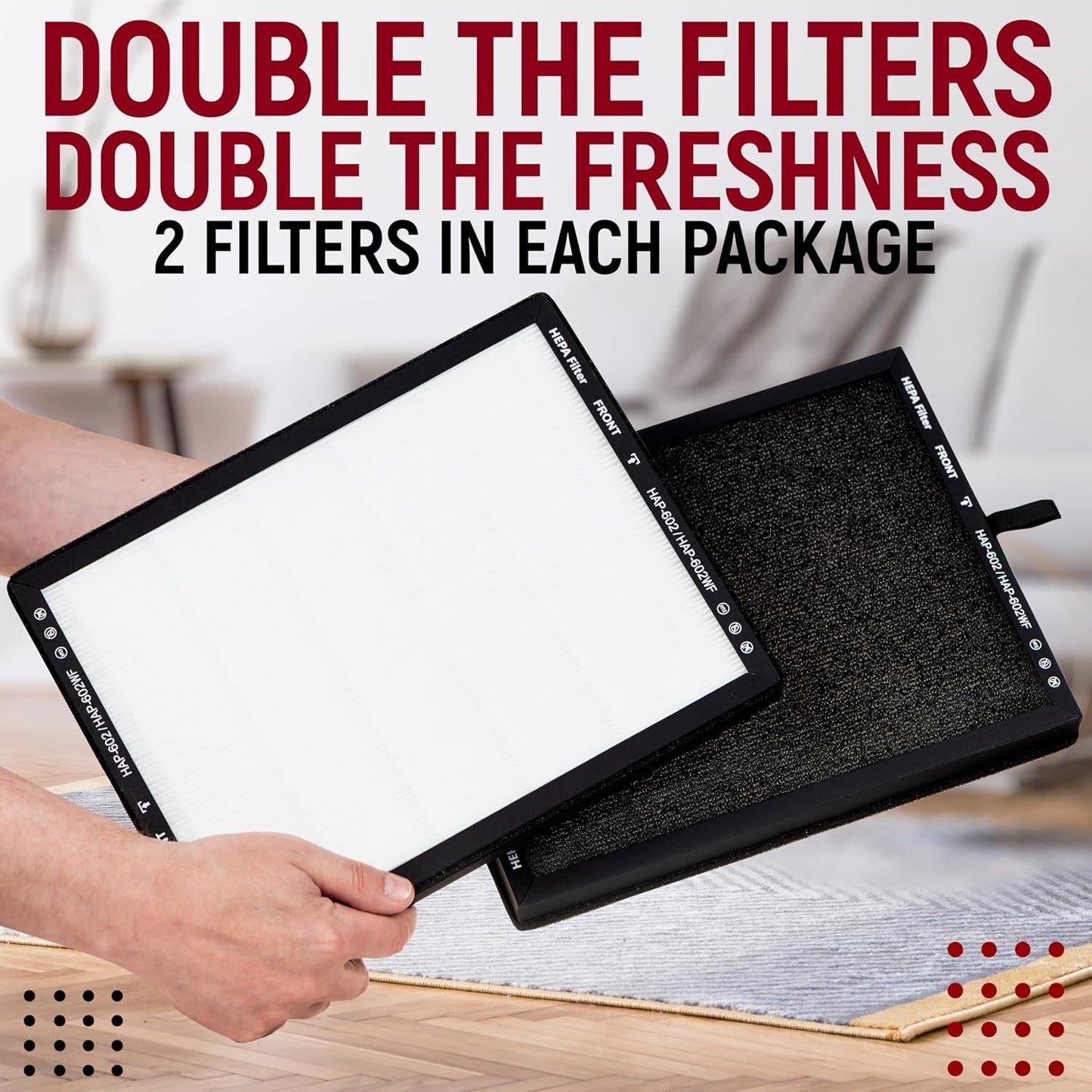 2 Pack HAP602 Replacement Filters Compatible with ECOSELF HAP602/HAP602WF, 3-in-1 HEPA Filter for Air Purifier, High-Efficiency Home Use