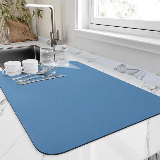 Dish Drying Mat for Kitchen Counter, Heat Resistant Drainer Mats with Non-slip Rubber Backed, Hide Stain Kitchen Super Absorbent Draining Mat, Easy to Clean Dish Rack Pad, Blue 18"x28"