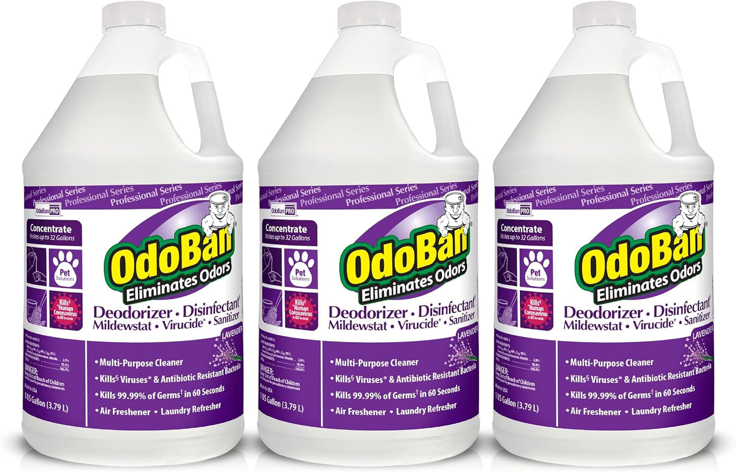OdoBan Professional Disinfectant and Odor Eliminator Concentrate, 3-Pack, 1 Gallon Each, Lavender Scent