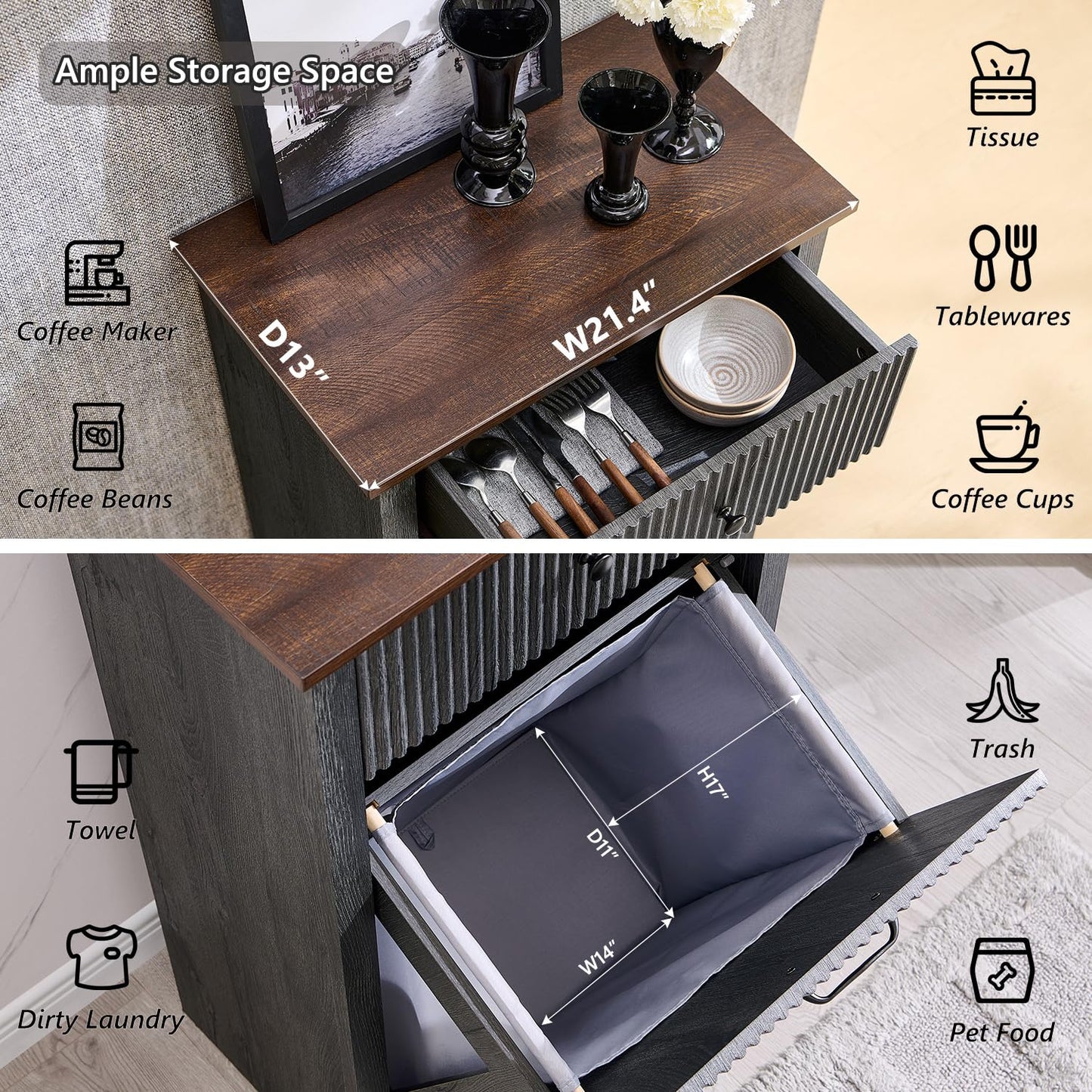 Modern Tilt-Out Trash Can Cabinet, 10 Gallon Fluted Laundry Hamper Cabinet with Drawers, Wooden Hidden Garbage Can Cabinets with Storage Basket, Free Standing for Kitchen and Living Room, Grey