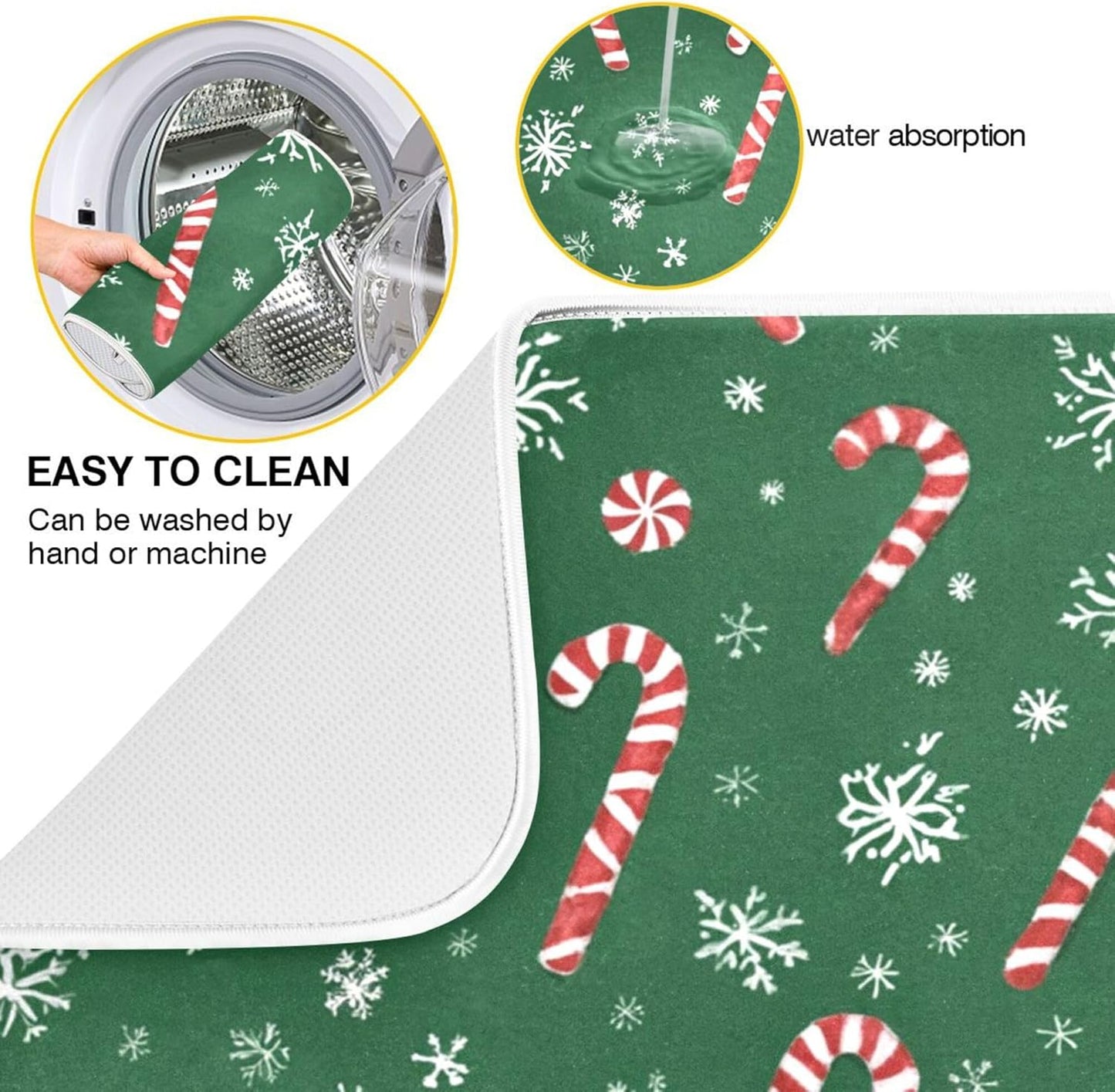 Christmas Candy Cane Dish Drying Mat for Kitchen Countertop 16x18 Winter Snowflake Green Xmas Small Drying Mat Reusable Quick Dry Dish Sink Mats Easy Clean Decorative Essentials