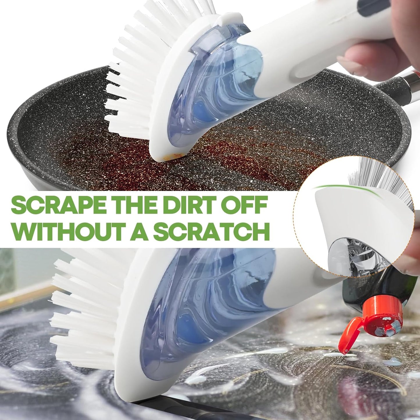 RIMAY Dish Brush with Soap Dispenser Storage Set, Soap Dispensing Dish Brush with 2 Pcs Brush Refills & Holder, Kitchen Dish Washing Wand with Handle for Dishes/Pans/Pots/Sink (White)