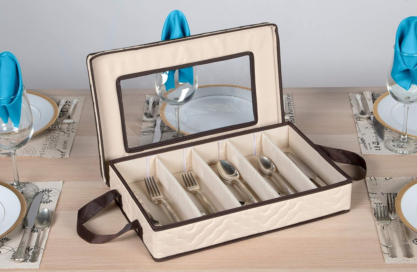 Flatware Storage Case - Durable 5 Compartment Silverware Storage Container Box with Removable Lid and Easy to Carry Handles - Large Capacity Keeps Your Cutlery Organized & Protected - Beige